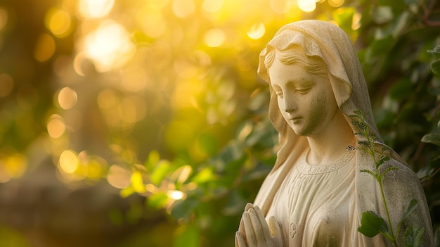 Statue of the Virgin Mary in prayer surrounded by green leaves