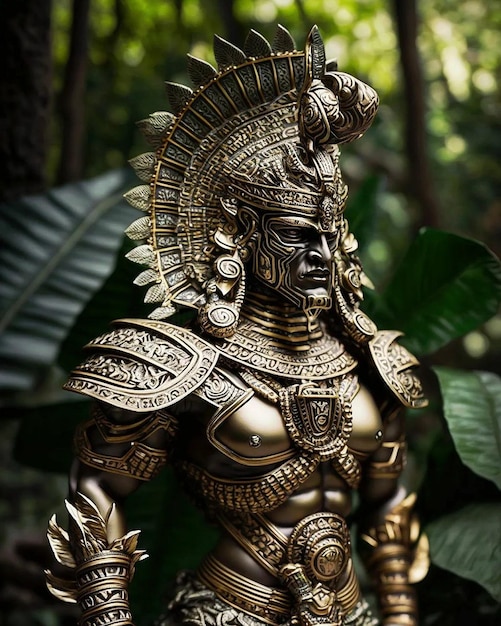 A statue of a warrior with a gold helmet and a feather on it.