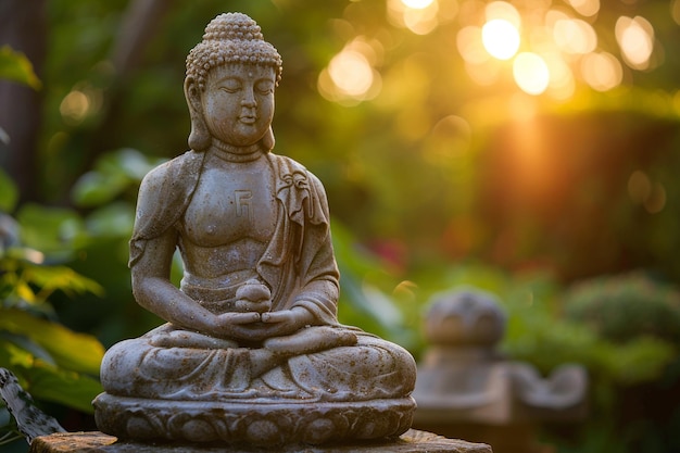 a statue with a buddha on it and the sun behind it