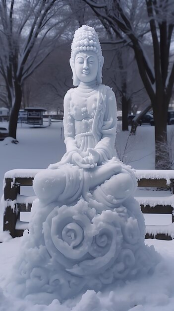 a statue with a flower on it is covered in snow