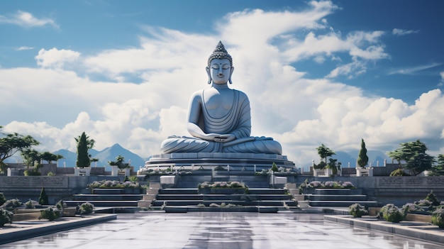 a statue with a mountain in the background