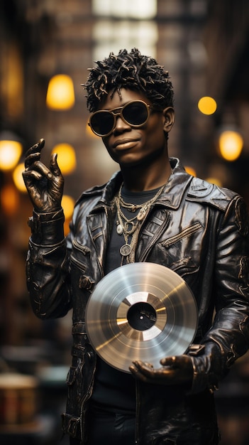 A statue with a music vinyl record in his hand