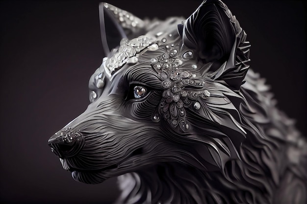 A statue of a wolf with blue eyes and a silver chain around its neck.