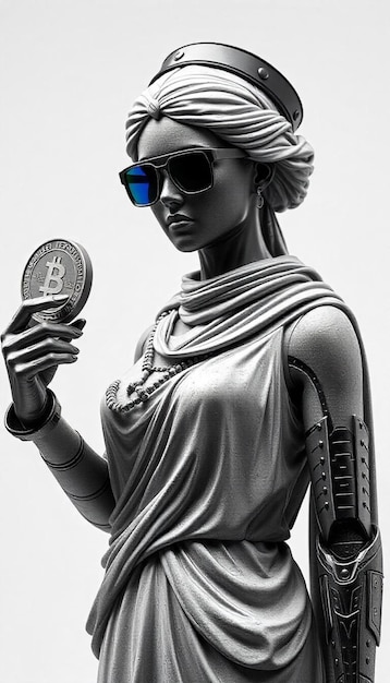 Photo a statue of a woman holding a coin and wearing sunglasses