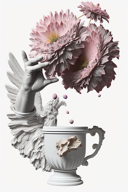 A statue of a woman holding flowers in a cup AI generative image surreal still life element on white background