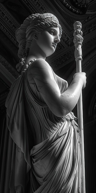 Photo a statue of a woman holding a spear with the word god on it