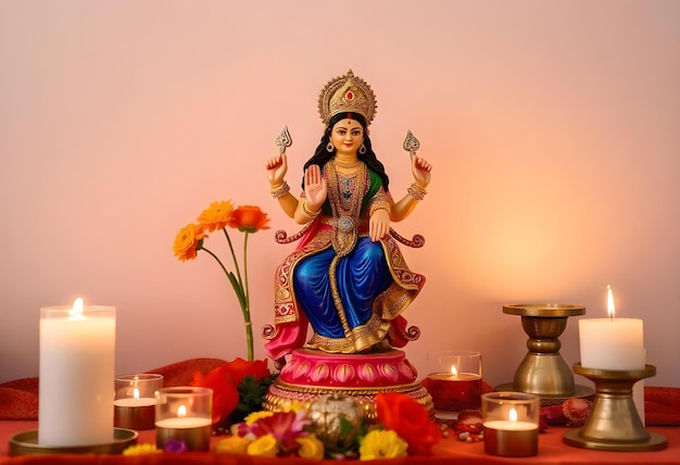 a statue of a woman is sitting in front of a table with candles and flowers