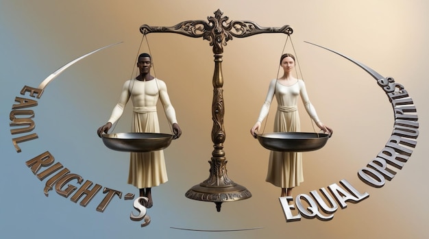 Photo a statue of a woman and a man holding pans with the words quot double serve quot above them