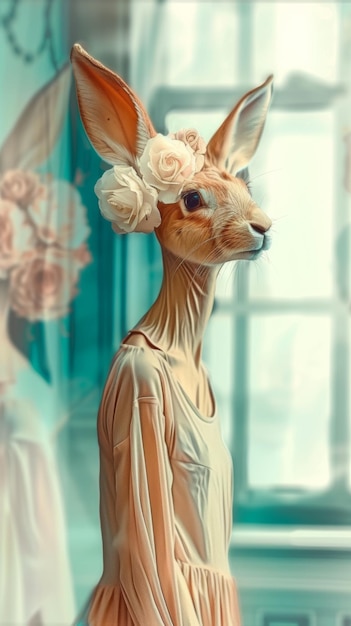 A statue of a woman rabbit wearing a flowing dress with intricate flower patterns Her hair is adorned with vibrant flowers adding a touch of elegance to the sculpture Generative AI