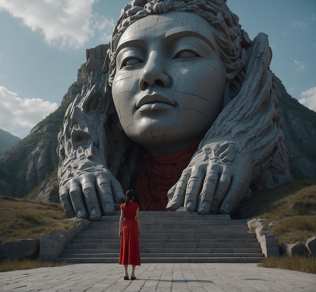 a statue of a woman in a red dress is standing in front of a mountain