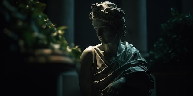 A statue of a woman sits in a dark room with a green plant in the background.