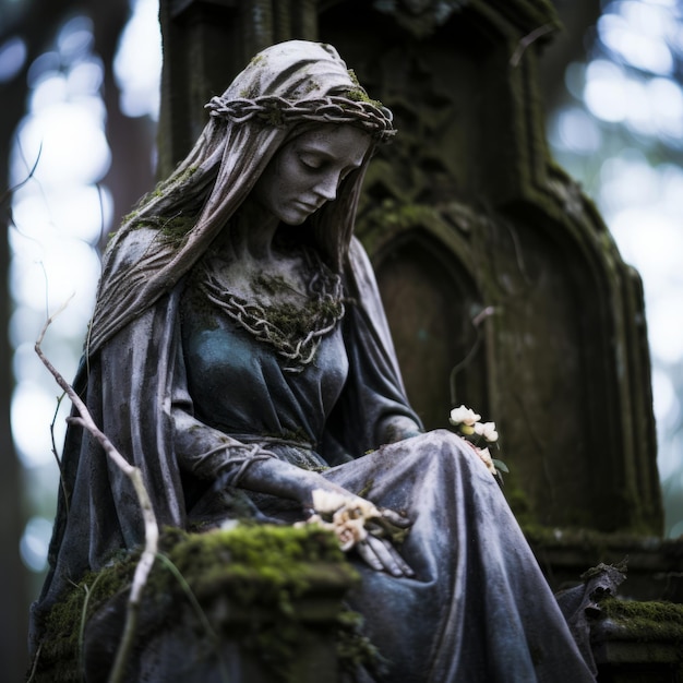 a statue of a woman sitting on a tombstone