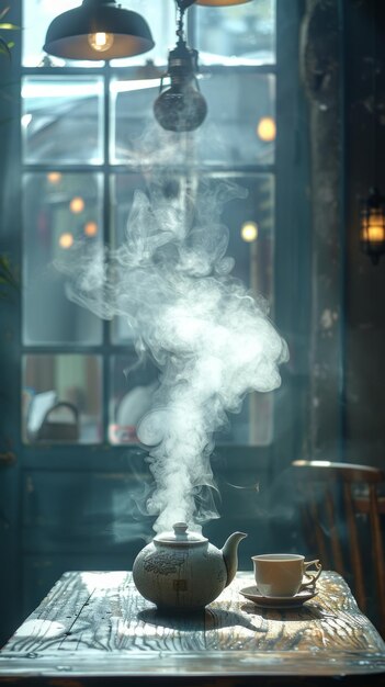 a statue of a woman smoking in front of a window