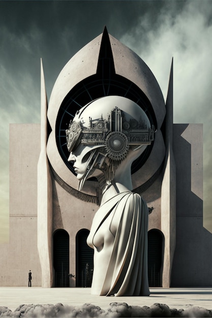 Statue of a woman standing in front of a building generative ai