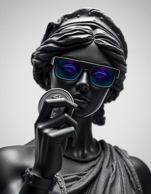 Photo a statue of a woman wearing glasses with the word blue eyes