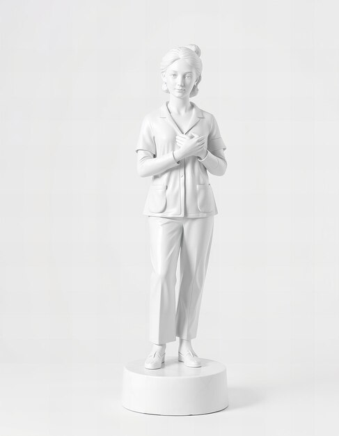 Photo a statue of a woman wearing a suit and standing on a white platform