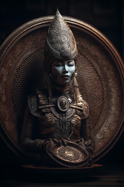 A statue of a woman with a blue face and a gold ring on it.