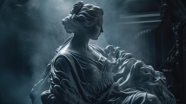 A statue of a woman with a dark foggy background