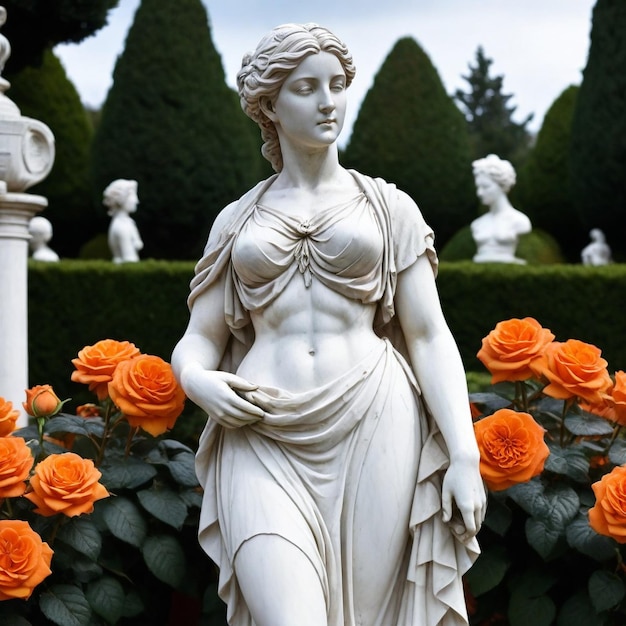 a statue of a woman with flowers in the background