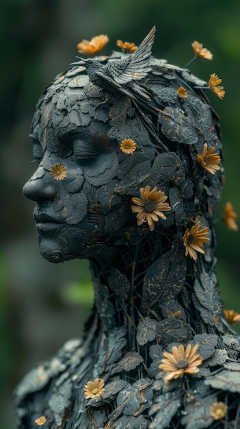 a statue of a woman with flowers on her head is covered in black paint