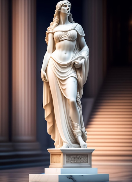 A statue of a woman with a long skirt and a skirt is standing in front of a staircase