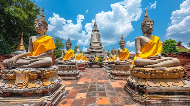 statues of buddha in a temple with a blue sky in the background