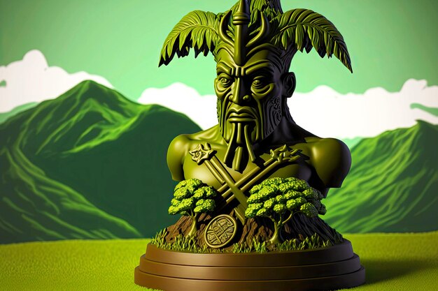 Statuette of bust of asian god tiki mask tree on blurred background of meadows