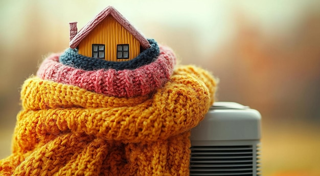 Statuette of a house wrapped in a pink and yellow scarf on a radiator on a light background with spa