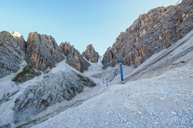 Staunies historic cable car leading to Ivano Dibona via ferrata route in Dolomiti mountains Italy