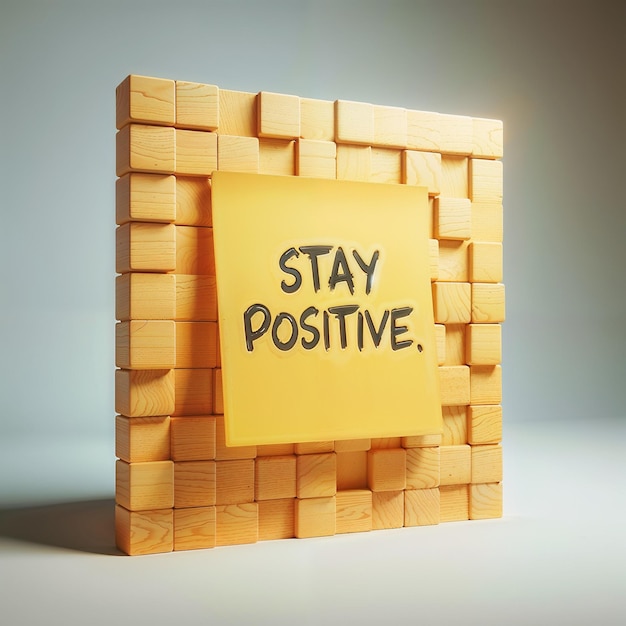 STAY POSITIVE written in yellow note wall isolated with white background 3d render style CINEMATIC