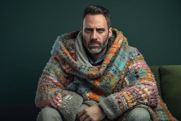 Stay Warm and Cozy Bearded Man Covered in Knitted Clothes Sitting on Sofa with Flu Healthcare