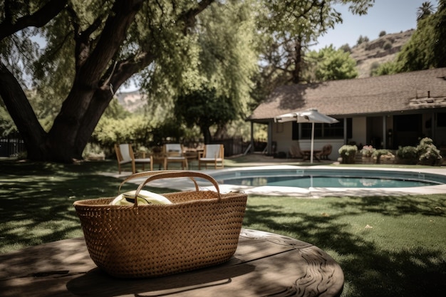 Staycation with picnic basket under shady tree and view of backyard pool created with generative ai