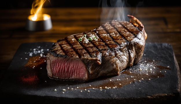 A steak on a black stone plate with smoke coming out of it.