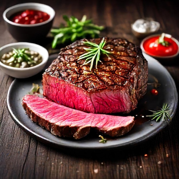 a steak and a bowl of condiments are on a table