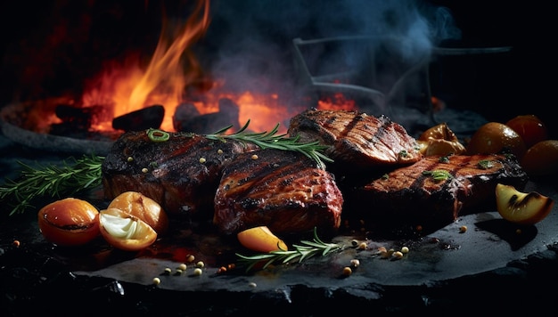 Steak cooking on fire with vegetables bbq grill with flames cooking juicy delicious beef meat