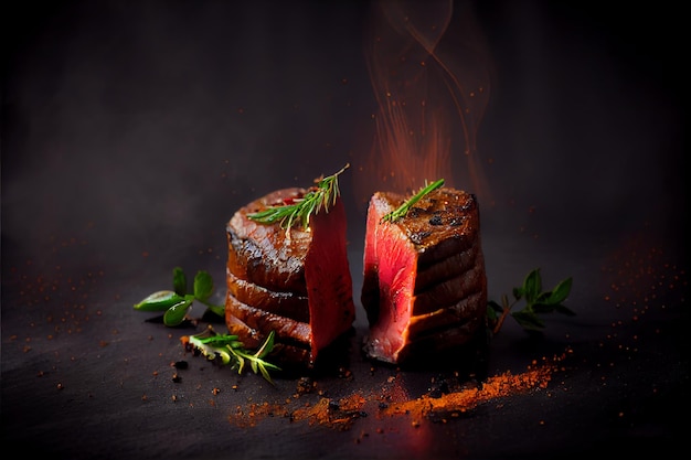 A steak cut in half with a sprig of rosemary on the top.