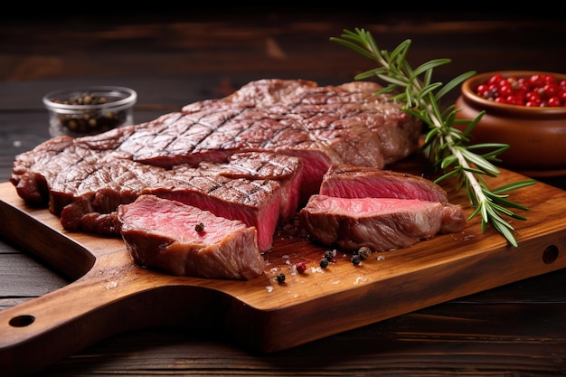 Steak cut into pieces in the kitchen on a wooden cutting board