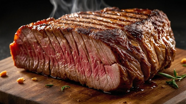 a steak on a cutting board with smoke coming out of it