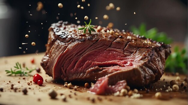 A steak on a cutting board with spices and herbs falling on it