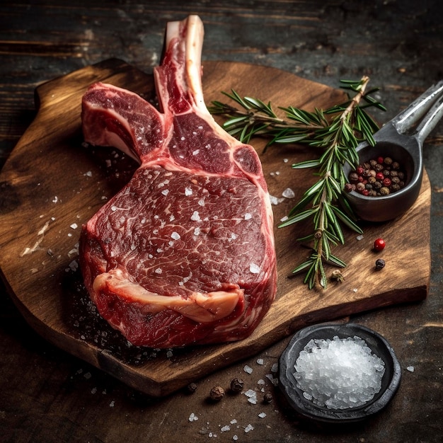 A steak on a cutting board with a spoon and salt on it.