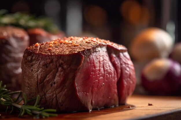 A steak on a cutting board with a sprig of rosemary on it