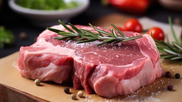 A steak on a cutting board with a sprig of rosemary on it.