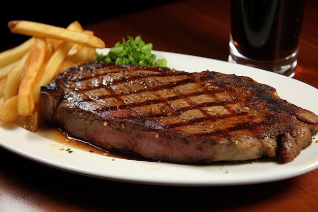 A steak and french fries on a white plate generative AI