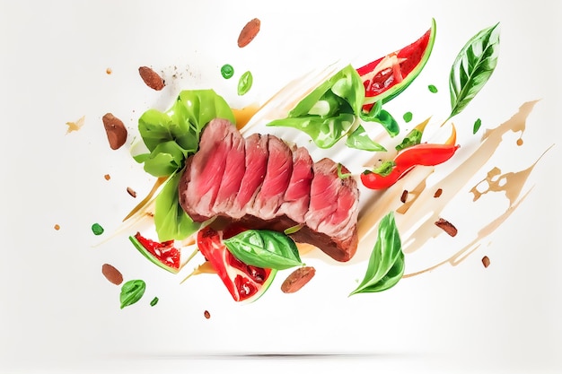 Steak and green salad in the air on a white background Generative AI Generative AI