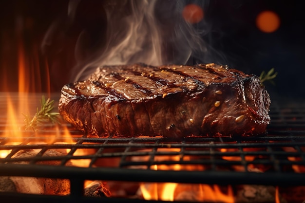 A steak on a grill with a fire in the background