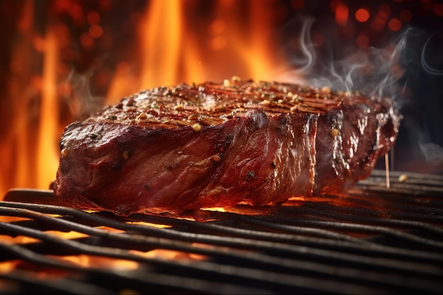 A steak on a grill with fire in the background