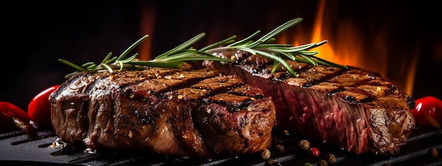 A steak on a grill with a fire in the background