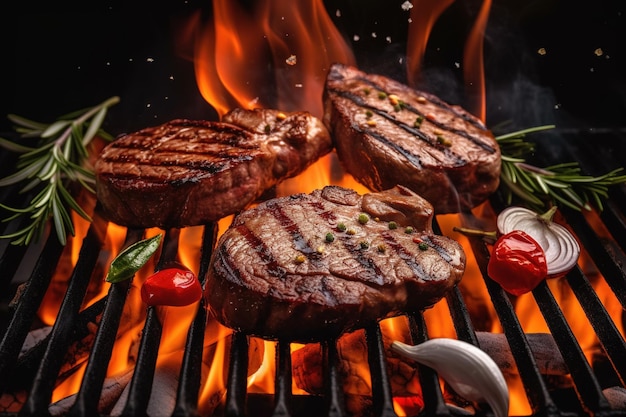 A steak on the grill with a flame in the background.