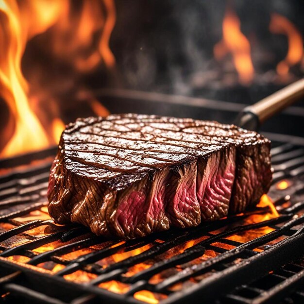 a steak on a grill with flames in the background