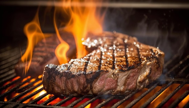 A steak on a grill with flames on the background